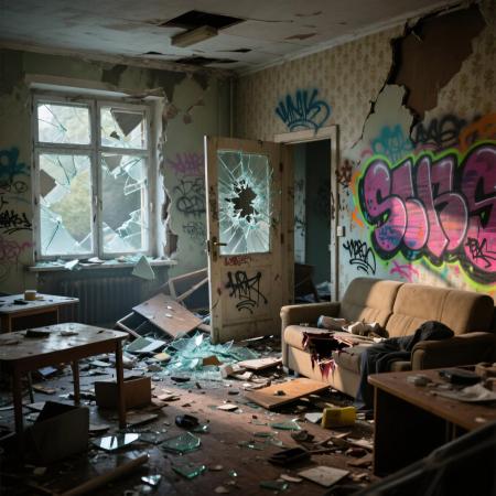 Schäden durch problematische Mieter - Verwüstete Wohnung mit Graffiti und Zerstörung